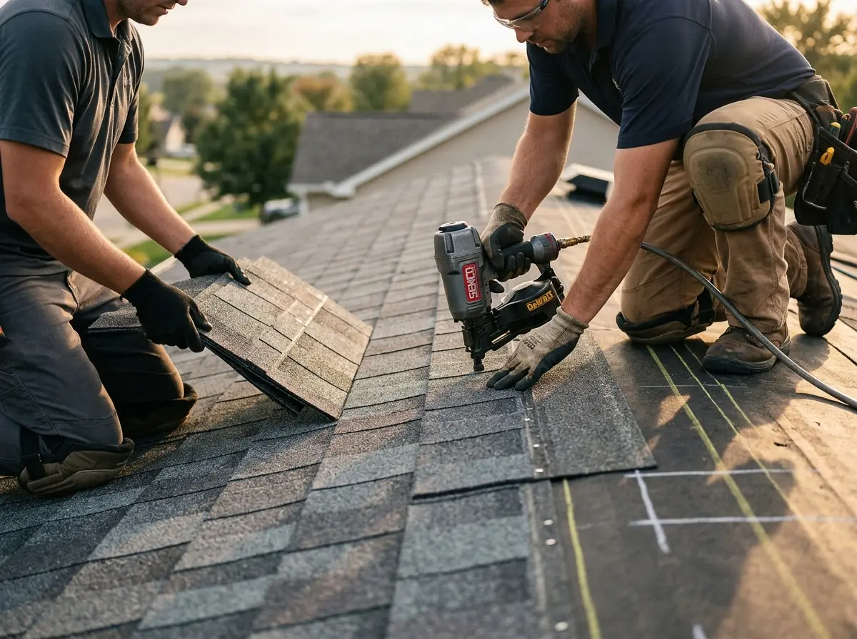 Professional roofer working on a residential roof in East Hempfield